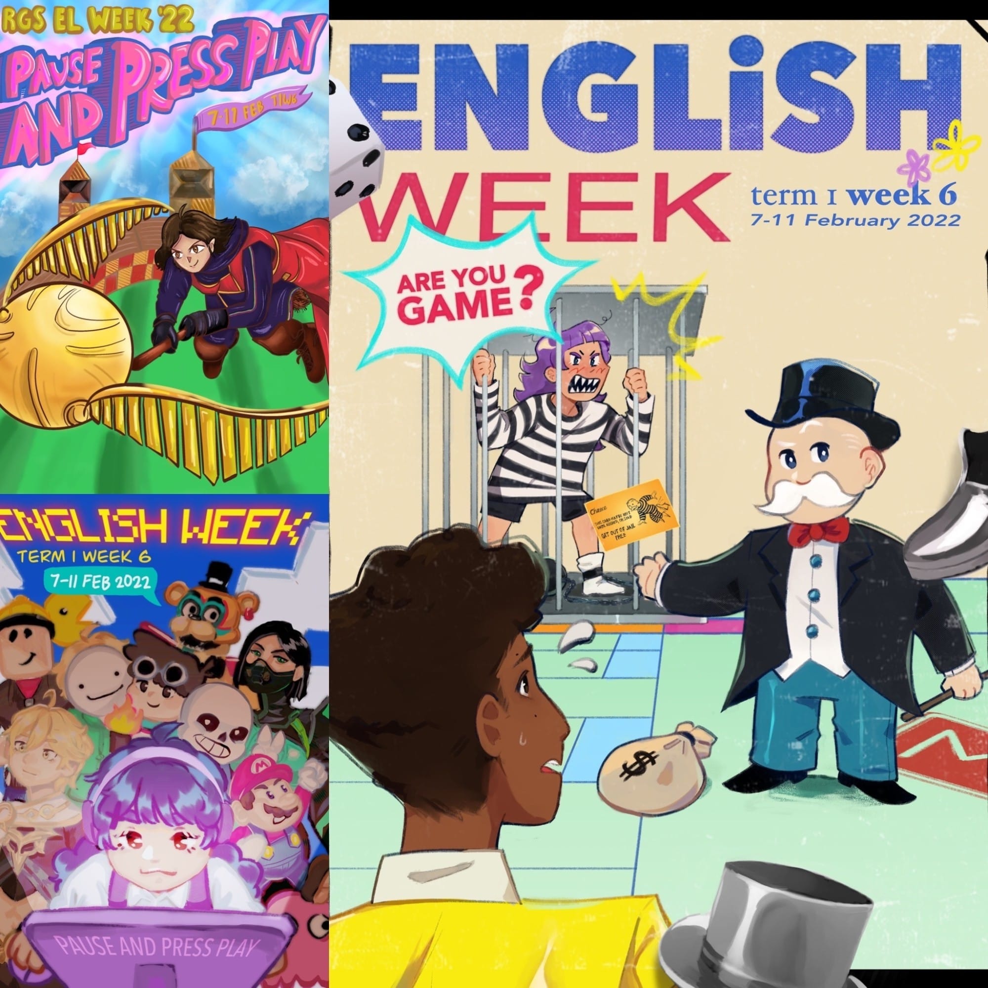 Three colorful illustrated posters for English Week, Term 1 Week 6, February 7-11, 2022, with game themes.